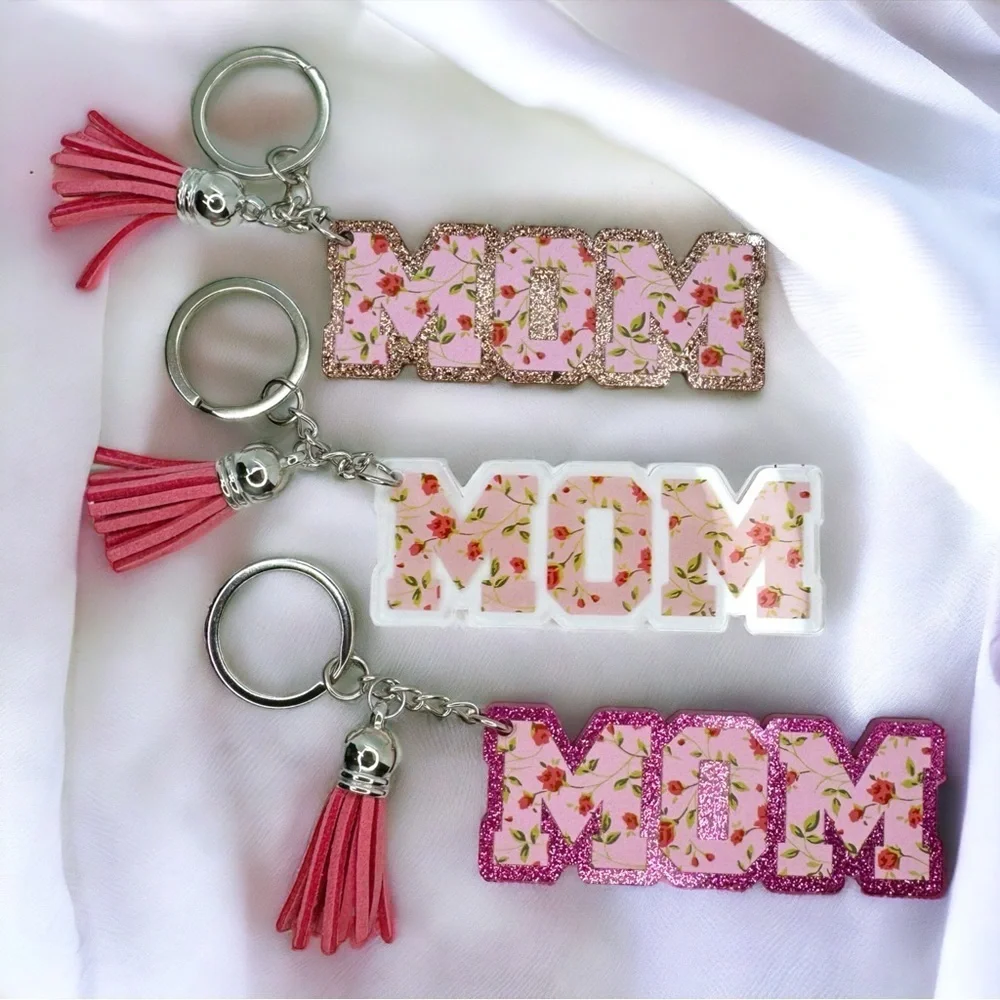 Floral MOM Glitter Keychain | Pink Boutique Mom Gift